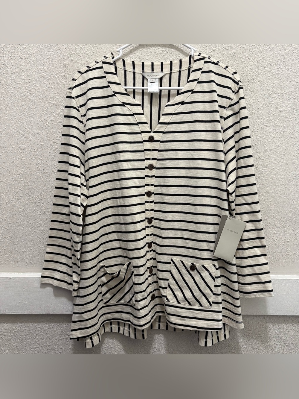 Multiples Black and Cream Stripe Long Sleeve Tunic Top NWT XL